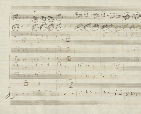 Verschiedene Tintenfarben aus dem dritten Satz der Jupiter-Sinfonie von Mozart als Indiz für einen stufenweisen Schaffensprozess (Signatur Mus.ms.autogr. Mozart, W. A. 551)