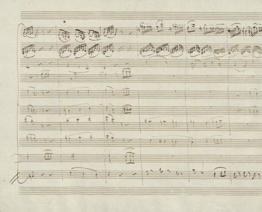 Verschiedene Tintenfarben aus dem dritten Satz der Jupiter-Sinfonie von Mozart als Indiz für einen stufenweisen Schaffensprozess (Signatur Mus.ms.autogr. Mozart, W. A. 551)